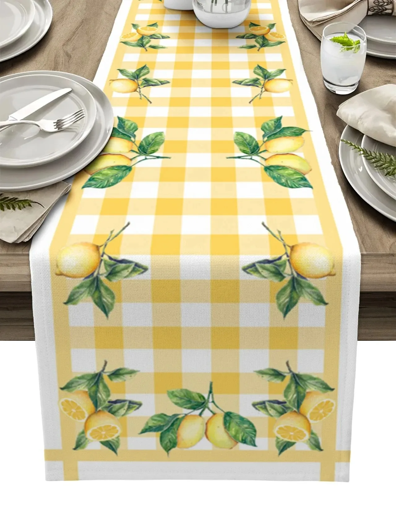 Yellow White Gingham Lemon Print Table Runner Watercolor Citrus Green Leaf Farmhouse Style Summer Dining Table Home Kitchen Deco