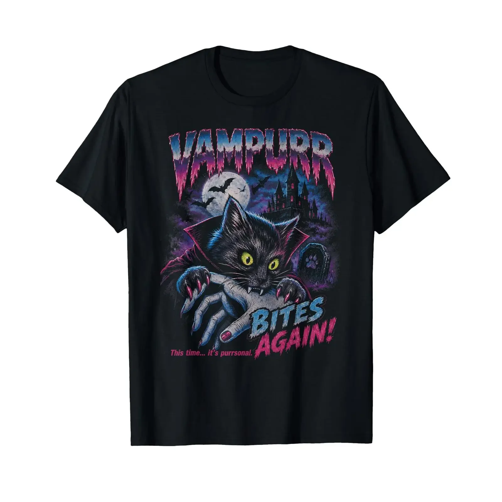Vampurr Bites Again Lustige Katze Halloween Vintage Grafik T Shirt vintage Washed Unisex Breathable Stylish fashion