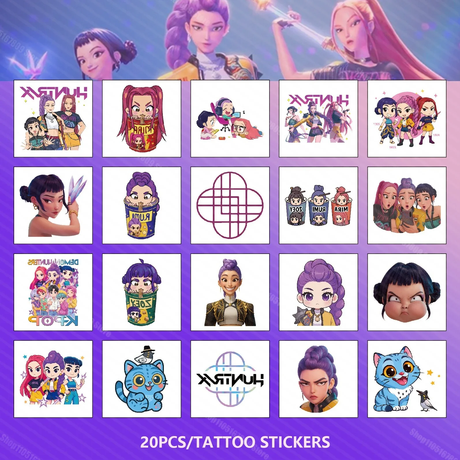 20PCS Rumi Temporary Tattoo Stickers K-pop Demon Hunter Cartoon Waterproof and Sweatproof Tattoo Stickers Party Dress up Props