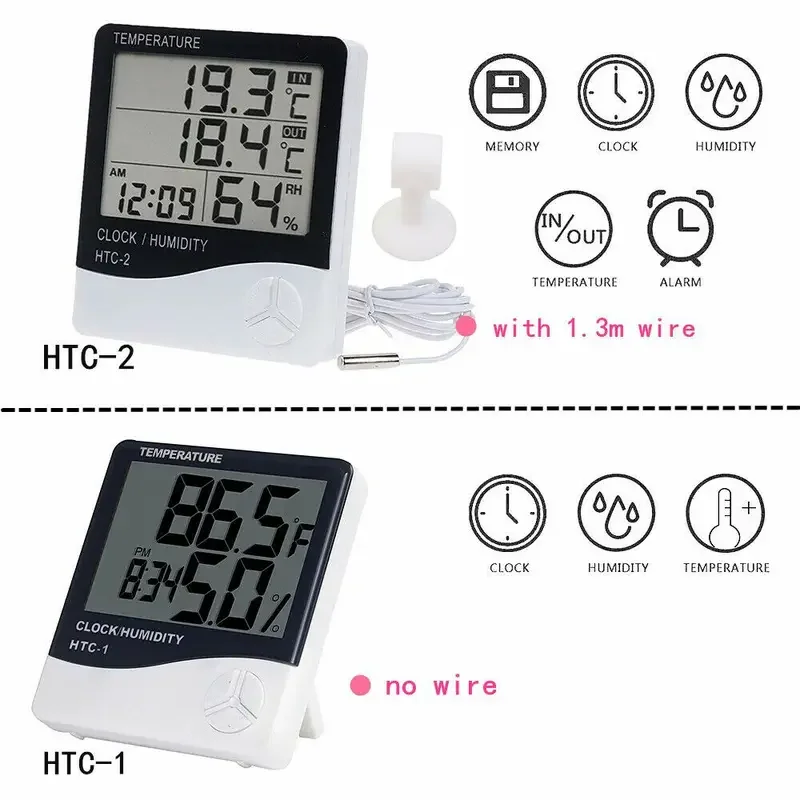 LCD Electronic Digital Temperature Humidity Meter Thermometer Hygrometer Indoor Outdoor Weather Station Clock HTC-1 HTC-2