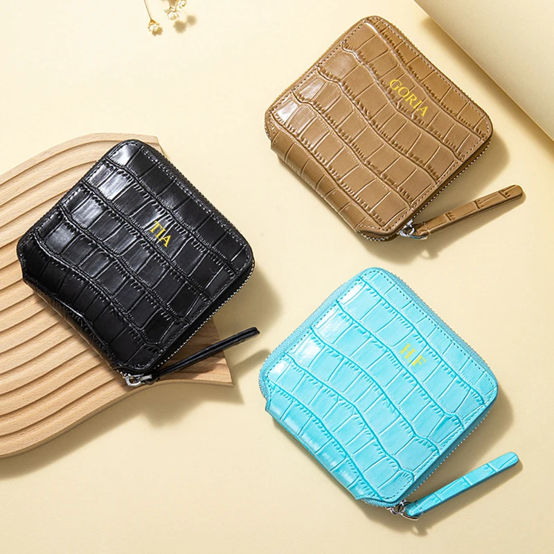 Custom Name Cowhide Zip Wallet For Woman Crocodile Leather Pattern Card Wallet RFID Engrave Letters Lady Luxury Coin Purse Gift