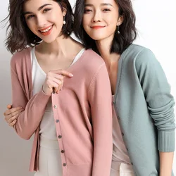 Cardigans à Simple Boutonnage et Col en V pour Femme Pull Court en Tricot de Couleur Unie, Bleu, Vert, Rose, à la Mode, Collection Automne 2022