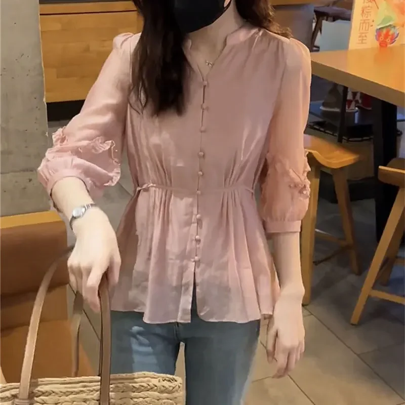 Spring Solid Color Waist Shirt Commute 3/4 Sleeve Female Clothing Single-breasted Stylish Folds Spliced Drawstring Blouse E4210