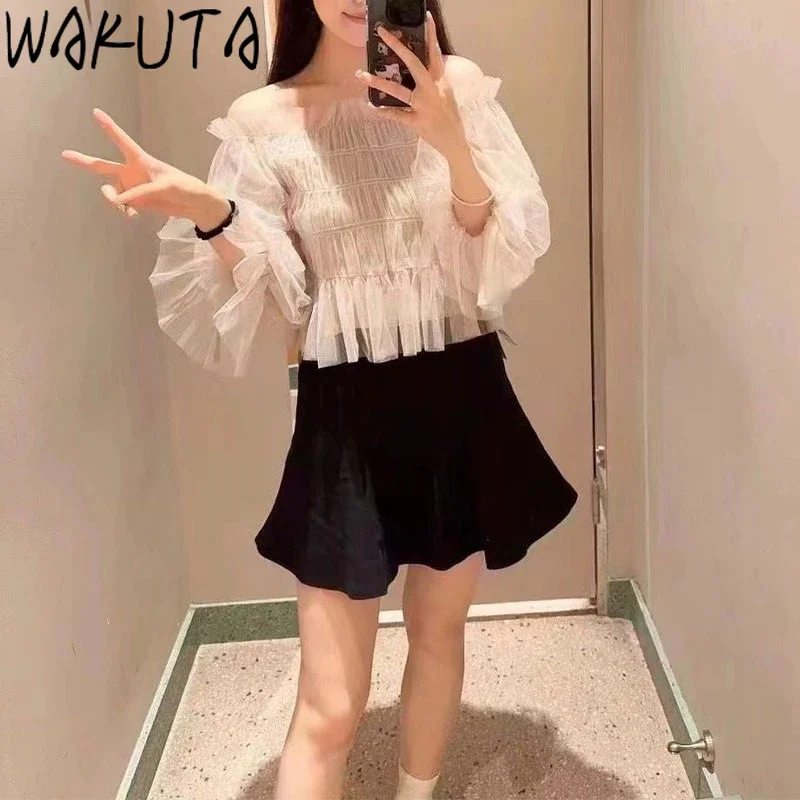 

Wakuta Slash Neck Puff Sleeve Elegant Solid Shirt Fungus Simple Sweet Patchwork Blouses Japan Voile Shoulder Strapless Blusas