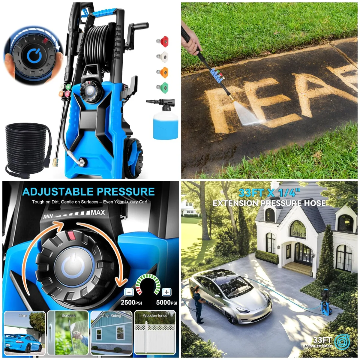 

Pressure Washer 5000 PSI, Adjustable with 33ft Hose, 4 Nozzles, Foam Cannon - Blue