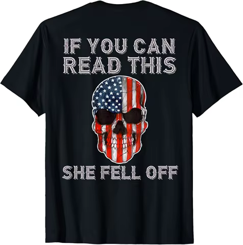 Mens Funny Motorcycle Biker Skull Patriotic Flag She Fell Off T-Shirt