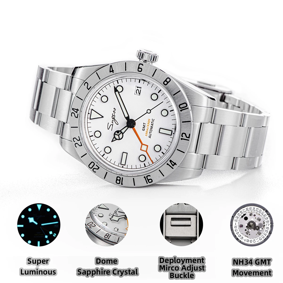 Sugess Men's Watch Automatic GMT Mechanical Wristwatches Dome Sapphire Crystal 100M Waterproof Japan NH34 Movement Luminous S431