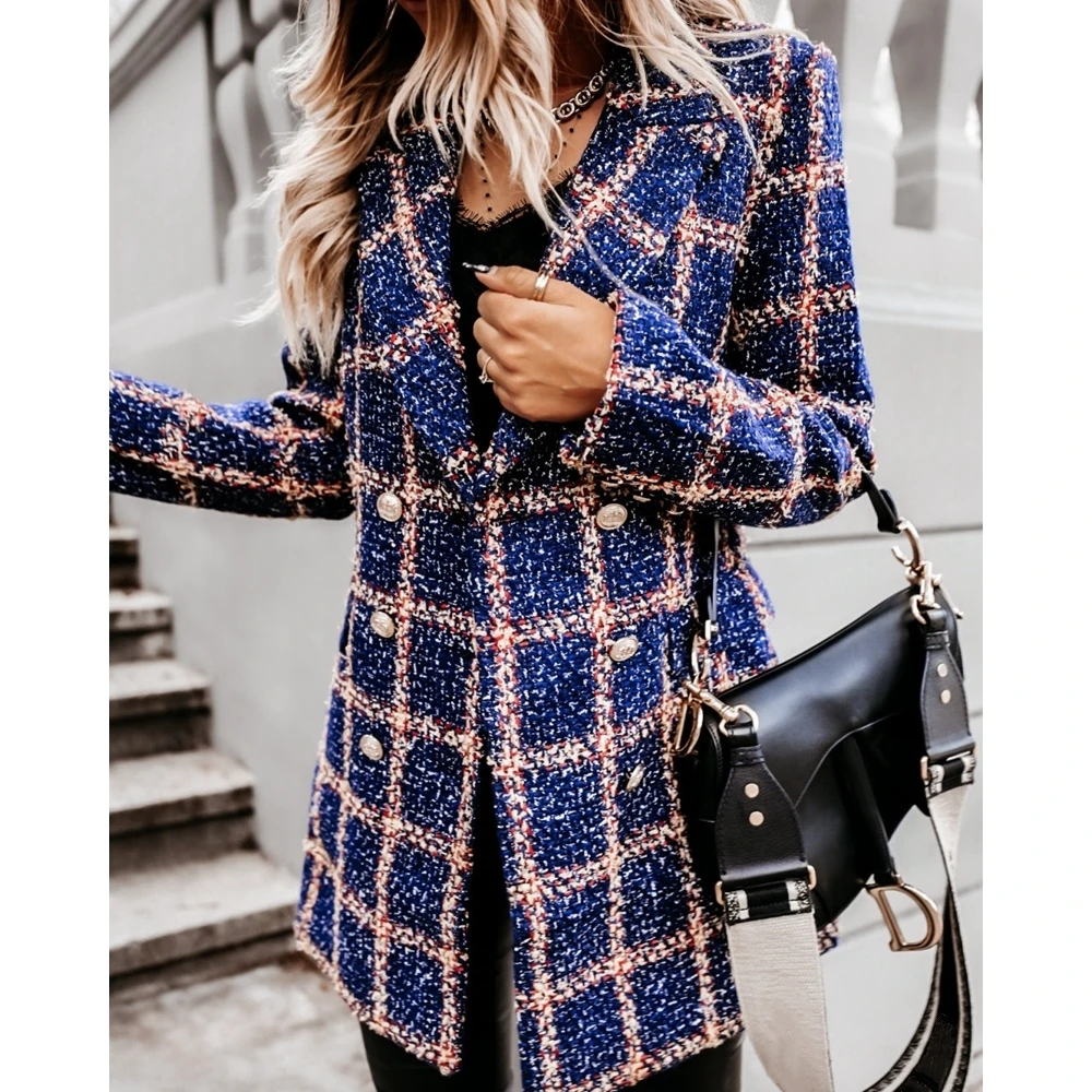 

Women Plaid Tweed Double Breasted Nothched Collar Coats Femme Elegant Autumn Winter Outwear Clothing