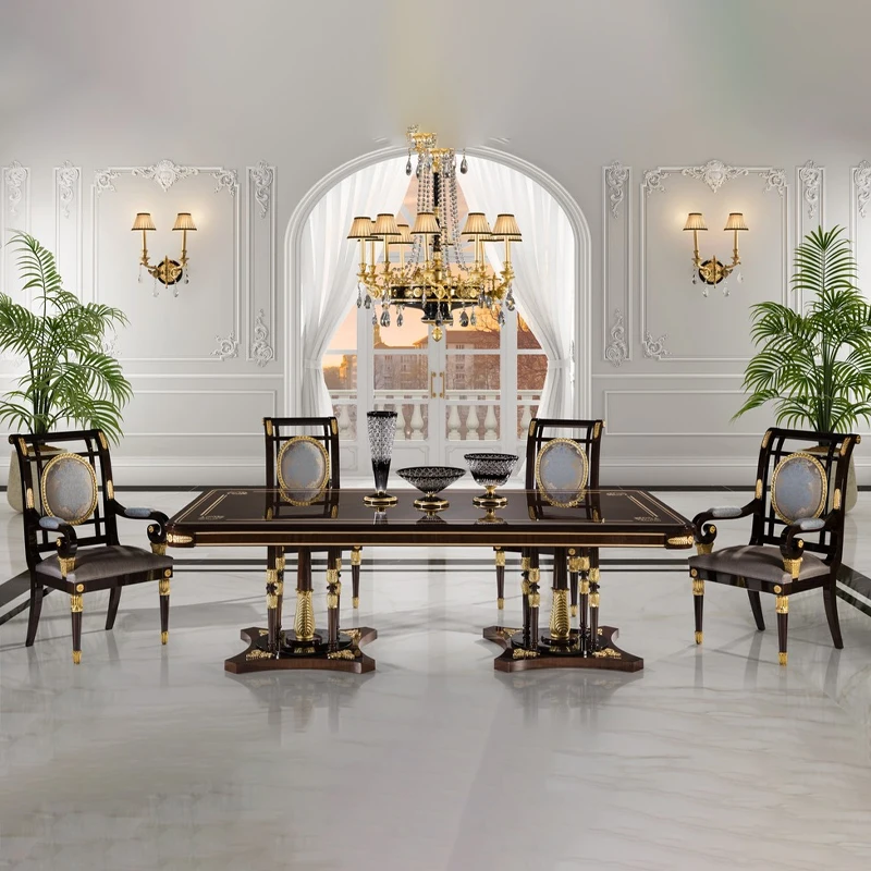 !@Heavy Duty Classic Palace Royal Furniture Dining Room Table Set Rectangle Carved Solid Wood Veneer Luxury Dining Room Furnitur