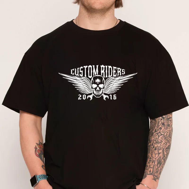 

Мотоциклетная футболка с черепом, новая модная хлопковая мужская повседневная футболка с коротким рукавом и круглым вырезом с принтом
