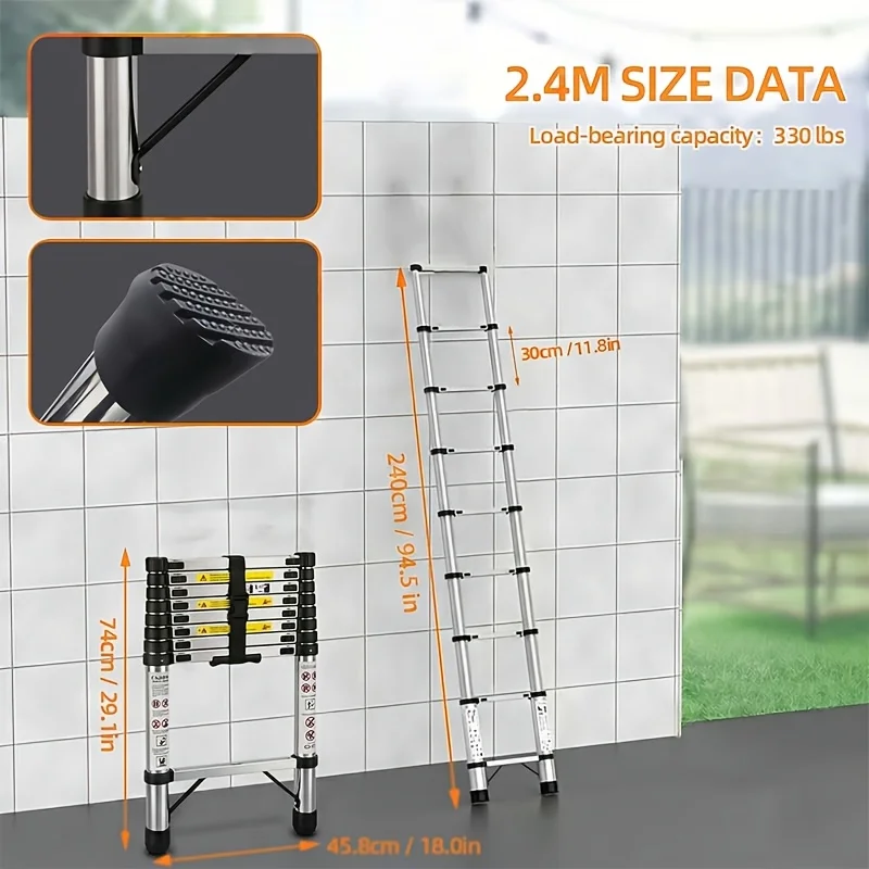 16FT Stainless Steel Telescopic Ladder with Hook Kit 330 Lbs Capacity, Steps Spaced 12 Inches Apart, Portable Compact Design