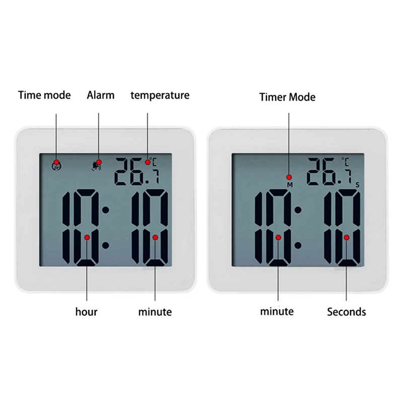 2X Digital Bathroom Clocks Simple LCD Electronic Alarm Clock Waterproof Shower Watches Temperature Clocks Hanging Timer