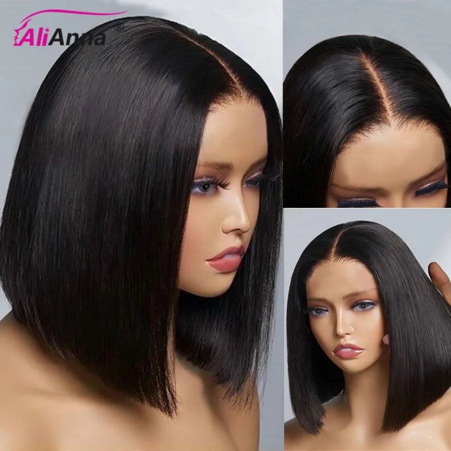 Straight Glueless Wig Human Hair Ready To Wear Short Bob Wigs For Women Transparent Pre Cut Human Hair Wigs Bleached Bye Bye Knots Natural Hairline 100% Human Hair Wigs For Women No Glue Cheap Wigs On Clearance Alianna 4x4 Lace Closure Wig Pre-plucked