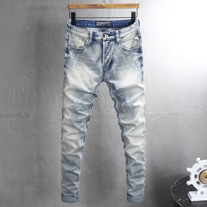 Fashion Designer Men Jeans High Quality Retro Light Blue Stretch Slim Fit Ripped Jeans Men Trousers Vintage Denim Pants Hombre