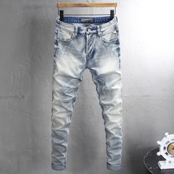 Italian Style Fashion Men Jeans Retro Light Blue Stretch Slim Fit Ripped Jeans Men Vintage Designer Casual Denim Pants Hombre