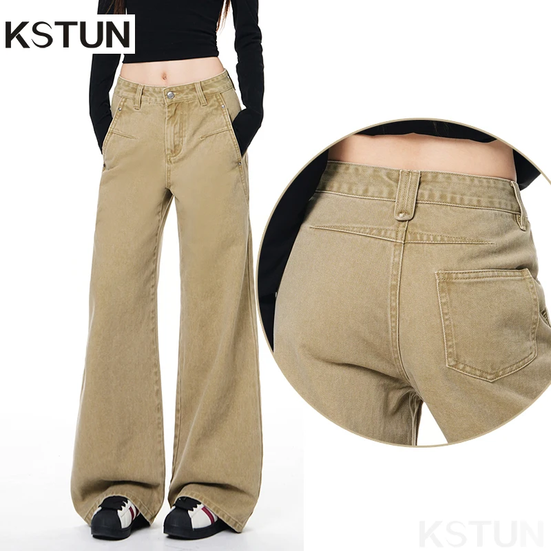 

Женские джинсы KSTUN 2026 весна, цвет хаки, широкие штанины, повседневные, с эффектом похудения, винтажный стиль, свободный крой, пэчворк