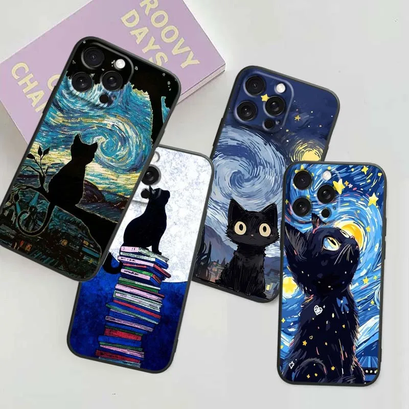 

Cartoon oil painting cat For Apple iPhone 17 16 16E 15 14 13 12 11 Pro Max Plus Air Black Soft Silicone Cover Phone Case