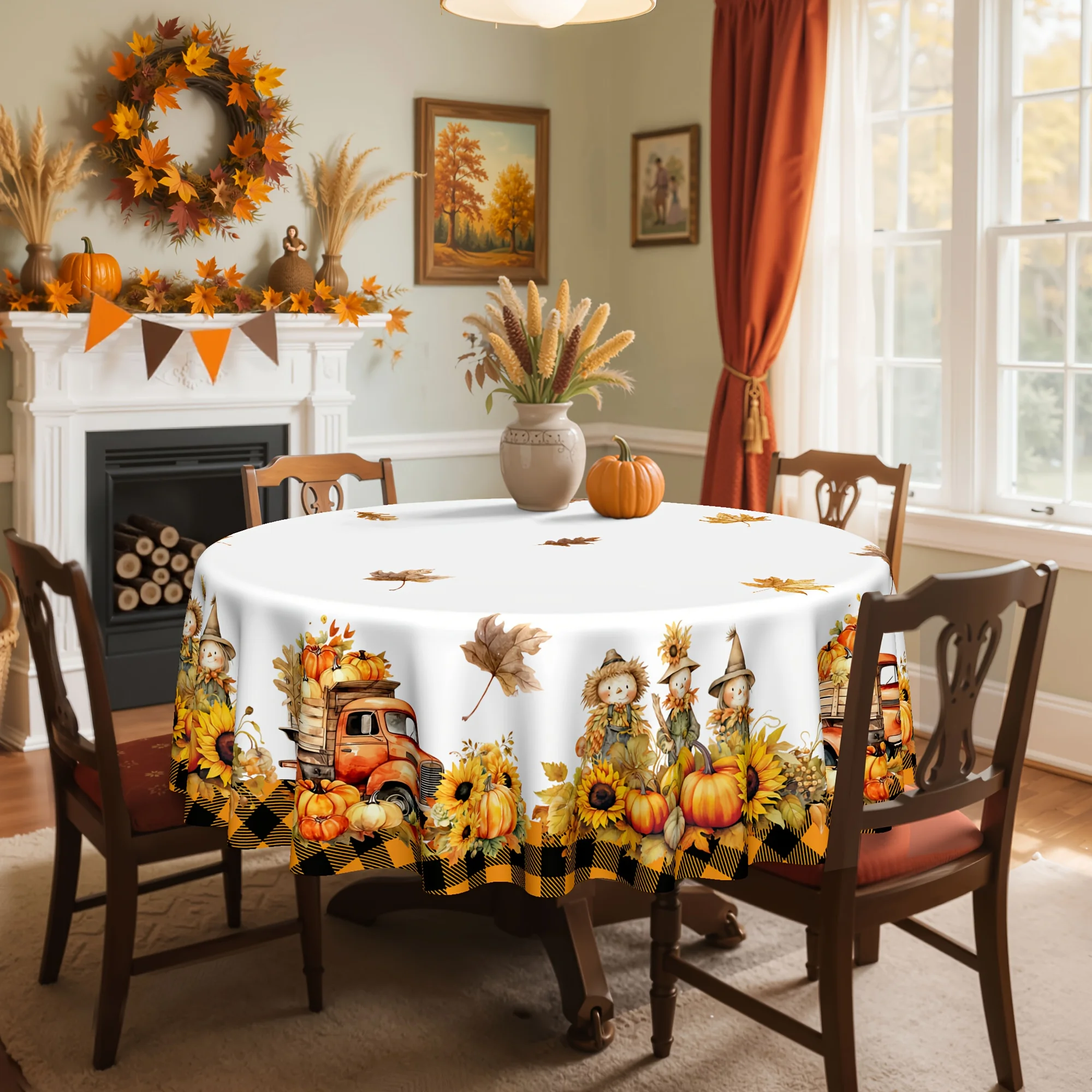One 2D flat-printed tablecloth, 59X59 inches / 150X150 centimeters, with autumn harvest scarecrow patternzyc