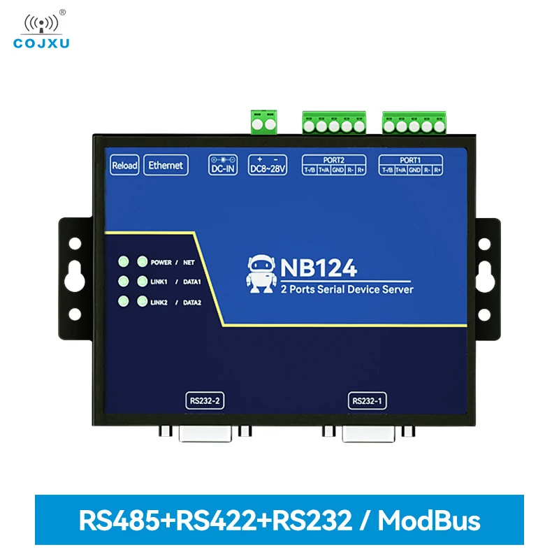 

2-Channel Serial Server RS232/422/485 RJ45 Modbus Gateway COJXU NB124ES POE Receiving Power TCP/UDP/MQTT DC 8-28V