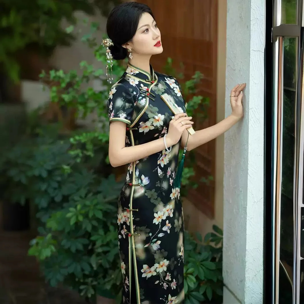 

Improved High-End Quality Real Silk Cheongsam Qipao Summer Women's Retro Long Chinese Dress