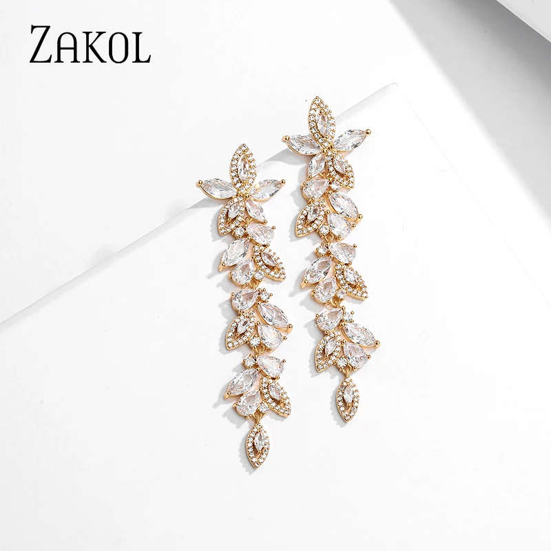 ZAKOL Luxury Flower Cubic Zirconia Long Dangle Earrings for Women Marquise Cluster Leaf Drop Earring Bridal Wedding Jewelry