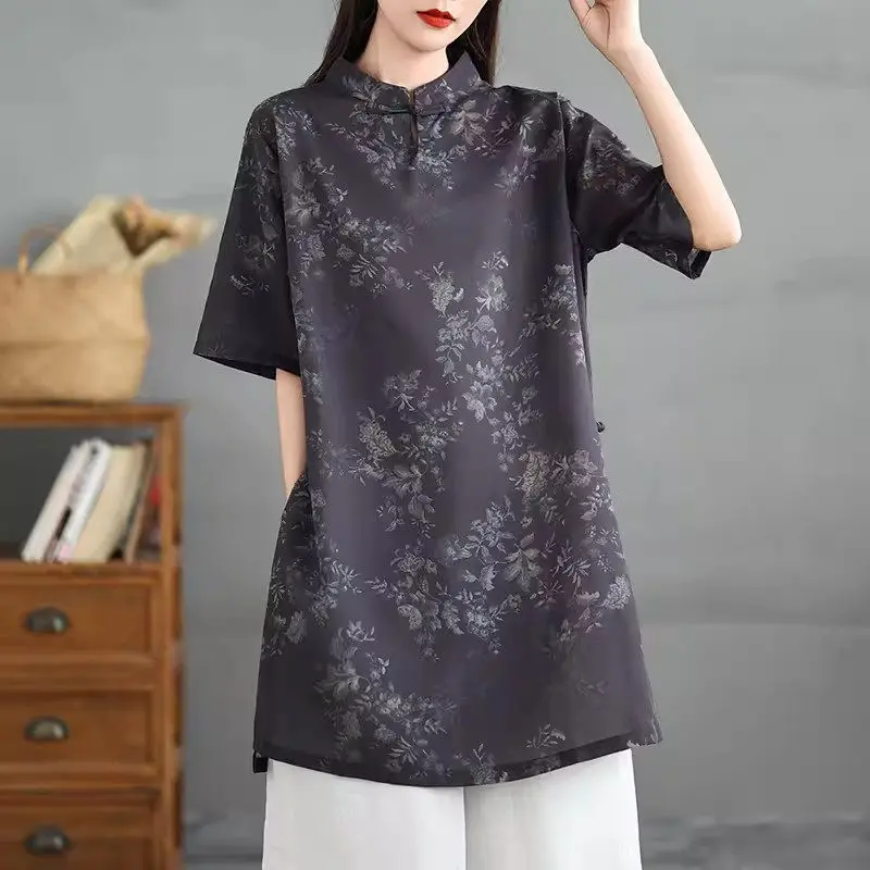 Chinese Style Retro Mid Length Ramie Printed Shirt For Women Summer Mid Length Standing Collar Buckle And Side Slit Top K2038