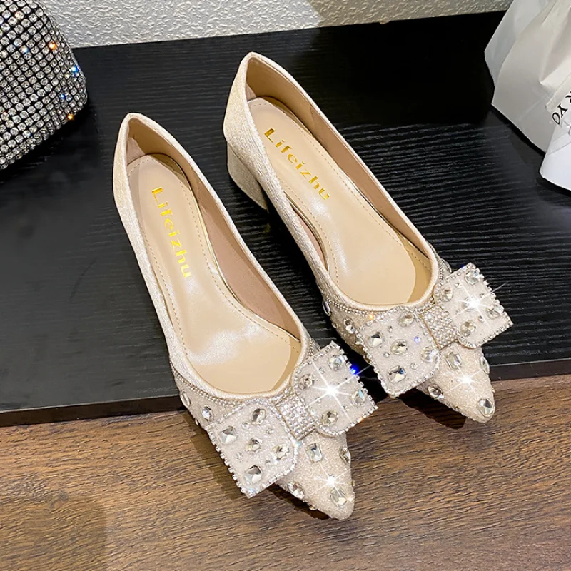 

Plus Size35-42 43 Women Pumps Shoes Bling Crystal Diamonds Bow Med Heel Chunky High Heels Female Wedding Party Dress Lady Shoes