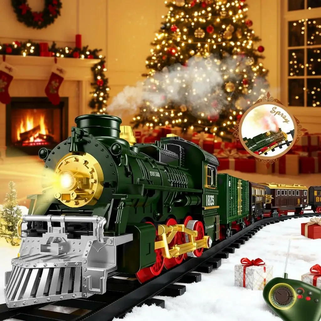 Kerst elektrische trein speelgoed set retro klassieke locomotief motor vracht auto lang spoor speelgoed met licht en geluid rook