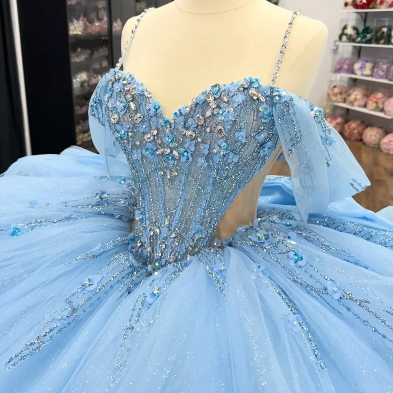 

Shiny Blue Quinceanera Dresses Off the Shoulder Sequin Crystal Decal Layering Long tail Bow Vestido De 15 Quinceanera Customize