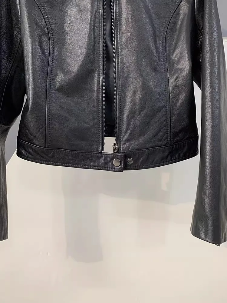 Herbst Fashion Echtes Leder Frauen Kurze Jacke Stehkragen Zipper Mantel Top Arbeit Dame Slim Fit Jacken Casual Schwarz Oberbekleidung