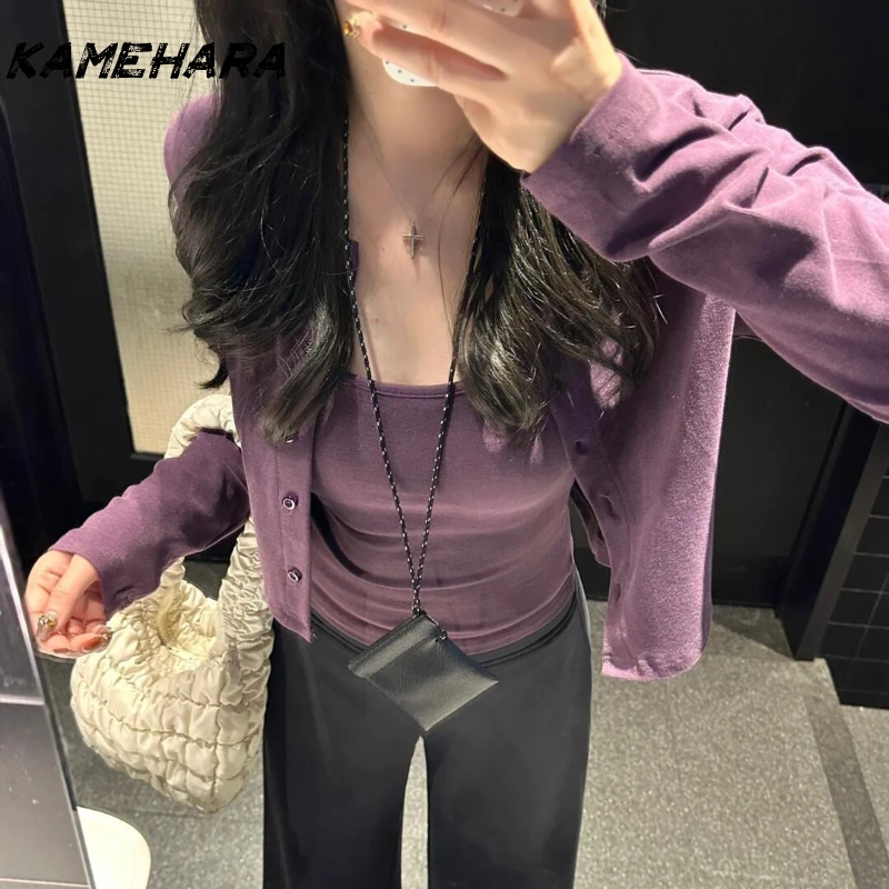 

KAMEHARA Japanese Y2k Slimming Two-Piece Set for Women Spicy Girl T-Shirt Ins Open Cardigan Elastic Waist Skirt Short Sleeve Top