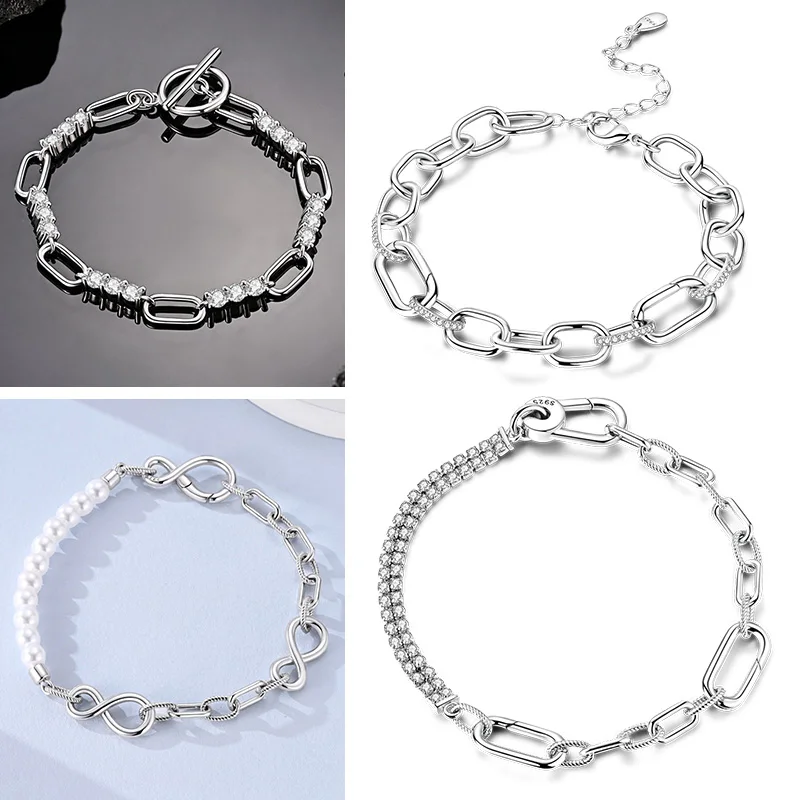 925 Sterling Silber Armbänder, geflochtene Kette, OT-Kette, Perlen-Infinity-Verschluss, Zirkonia-Armband für Damen und Herren, Schmuck 17-20cm
