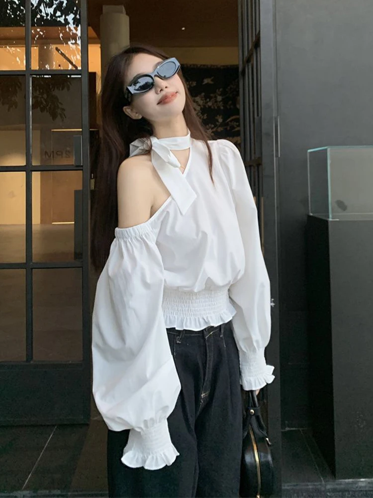 Zoki Sexy Off Shoulder White Shirt Women Elegant Halter Flare Sleeve Blouse Spring Korean Fashion Hollow Out Lace Up Sweet Tops