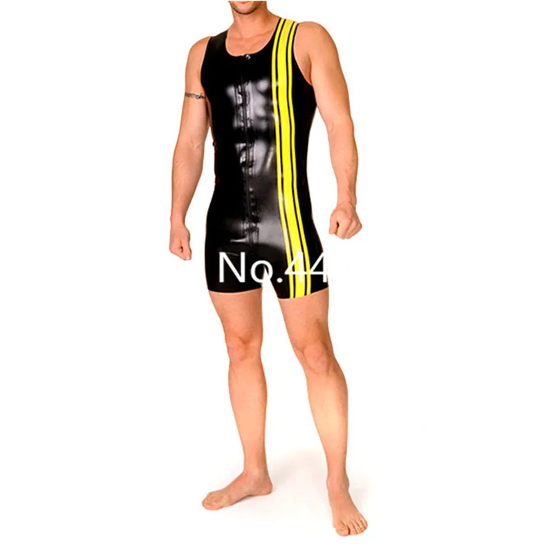 

Males' Latex Vest Tracking Suit Black Yellow Rubber Swimsuit with Front Zip for Man XS-XXXL