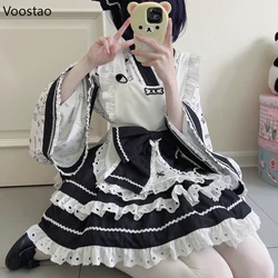 Japanese Kawaii Lolita Mini Dress Women Sweet Cute Embroidery Bow Kimono Cosplay Maid Dresses Harajuku Y2k Apron Lolita Sets