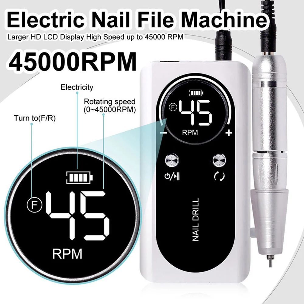 45000RPM Nail Drill Professional Polishing Machine Lathe for Manicure Milling Cutters Electric Sander File Gel Nails Polisher