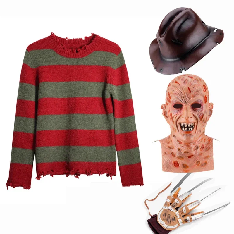 Freddy Krueger Cosplay Costume Adult Sweater Red Striped Knitting Top Coat Hat Mask Freddie Krueger Halloween Costume for Men