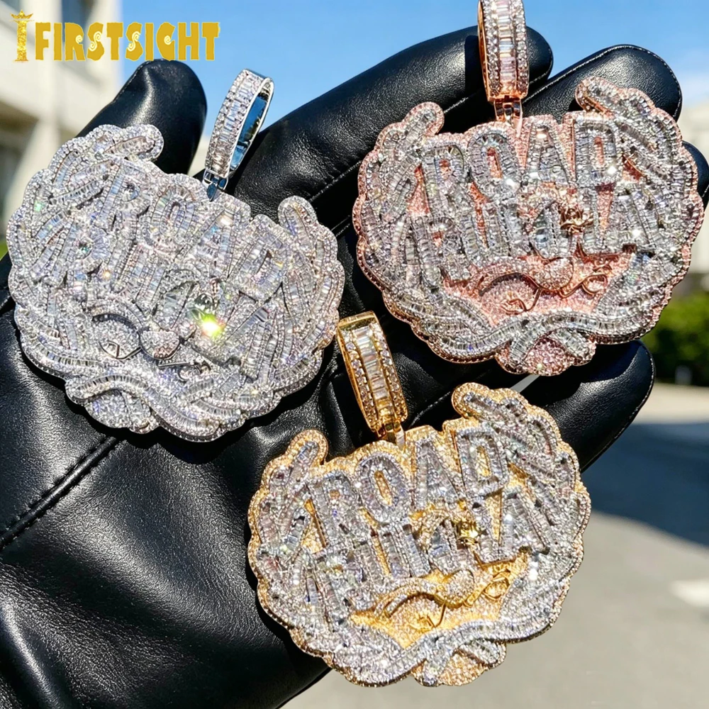 New Iced Out Bling CZ Letter Road Runna Pendant Necklace Cubic Zirconia Two Tone Color Badge Charm Men Fashion Hip Hop Jewelry
