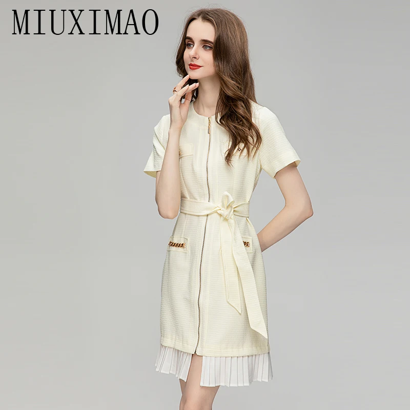 MIUXIMAO 2023 Fall Dress  Fashion Slim Short Sleeve Jacquard O-neck  Ruched Tank Dress Women Vestidos Mini Dress Belt