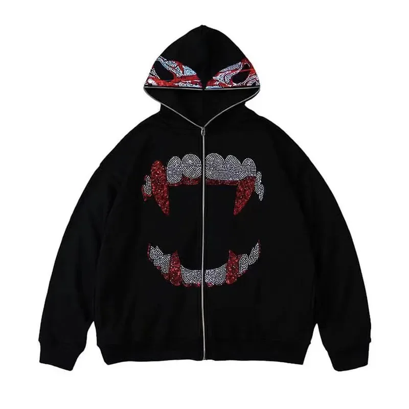 Autumn Fashion Punk Y2k Gothic Grunge Rhinestones Hoodies Long Sleeve Coat  Teeth Zip Up Sweatshirt Jacket Streetwear