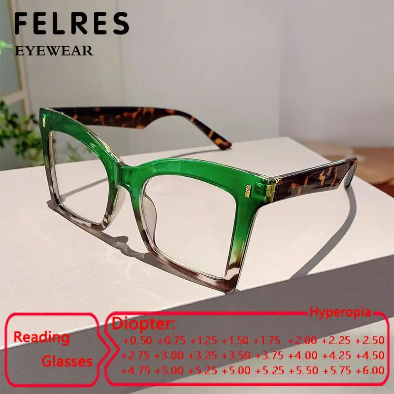 

FELRES Fashion Oversized Square Anti Blue Light Reading Glasses Women Luxury Brand Green Leopard Optical Computer Eyeglasses