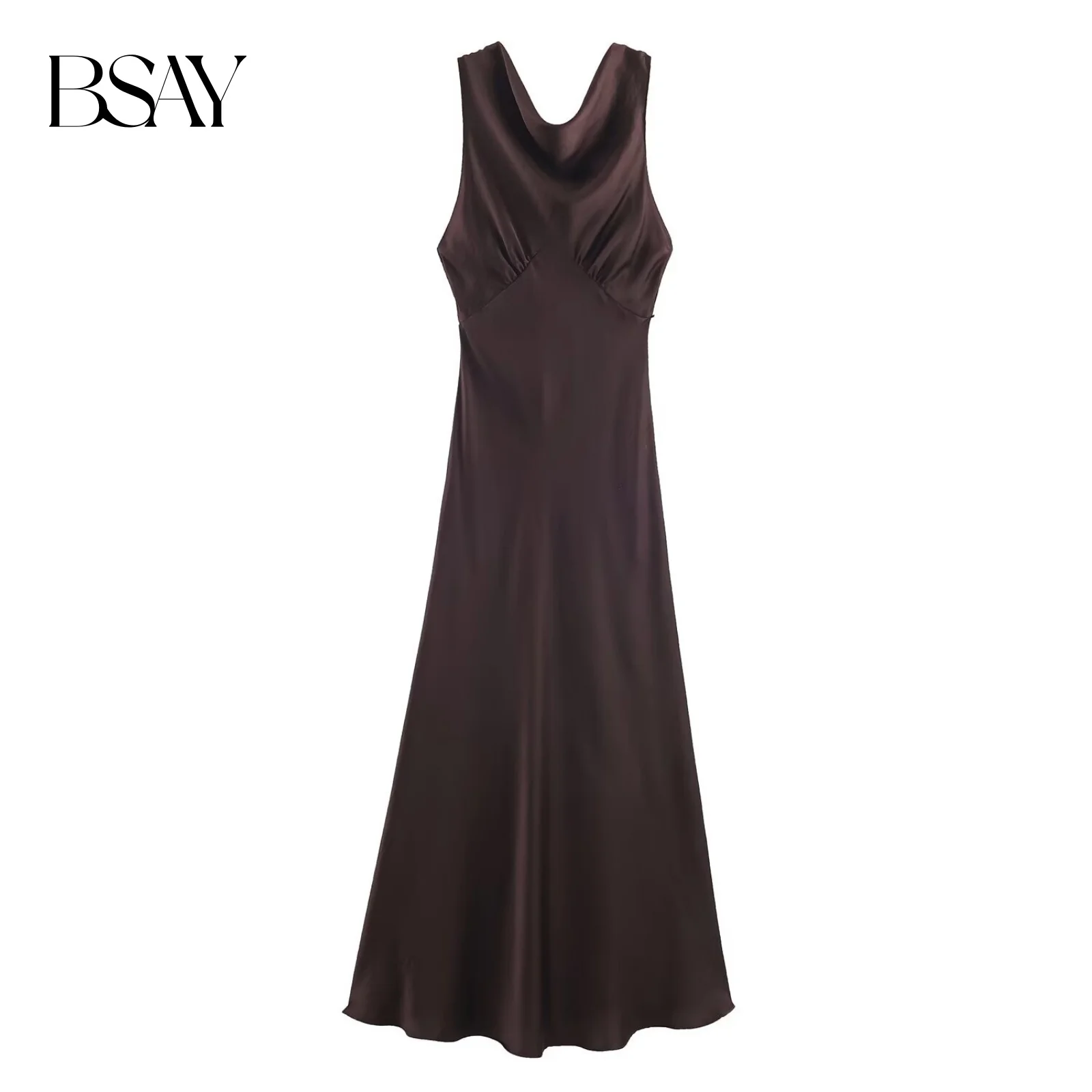 Sukienka midi z satynową teksturą BSAY, damska moda jesień-zima, nowa elegancka długa sukienka typu kamizelka, francuski szyk, odzież wieczorowa dla kobiet.