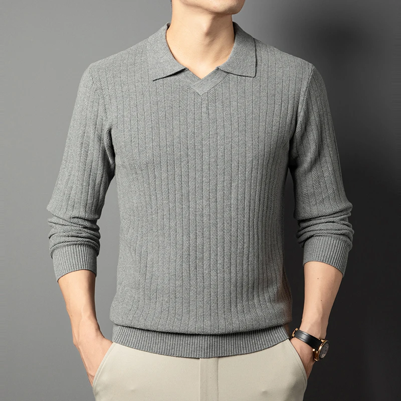 100% cotone uomo maglione alla moda 2025 autunno inverno colletto rovesciato maglieria maglione a maniche lunghe polo in maglia di puro cotone