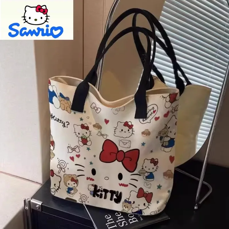 

Sanrio модная парусиновая сумка высокого качества с рисунком Hello Kitty, большая вместительная повседневная универсальная женская ручная сумка на плечо