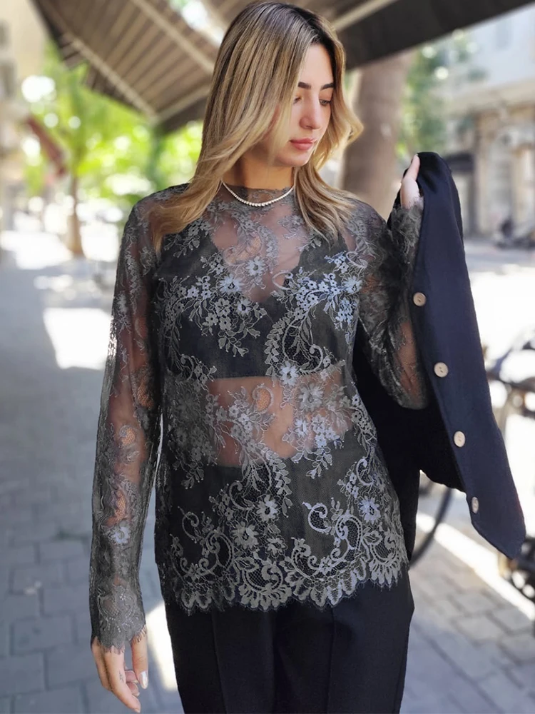 Trendix Lace Sheer Long Sleeve Blouse For Women Summer O Neck Loose Pullover Tops Party Sexy Vacation Beach Hollow Out Top 2026