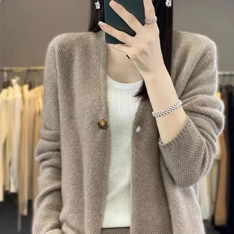 Cashmere Cardigan Sweater for Loose Casual V-Neck Women A Button Autumn Winter New  Solid Color Soft Knitted Woolen Top 2024