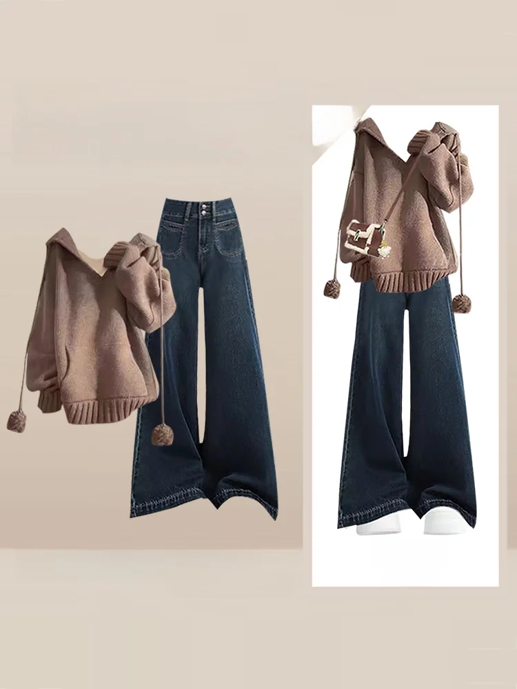 

Women's Loose Lazy Style Hoodie Knitwear And Jeans Two-Piece Set Autumn Fashion Casual Outfit Complete Ensemble
