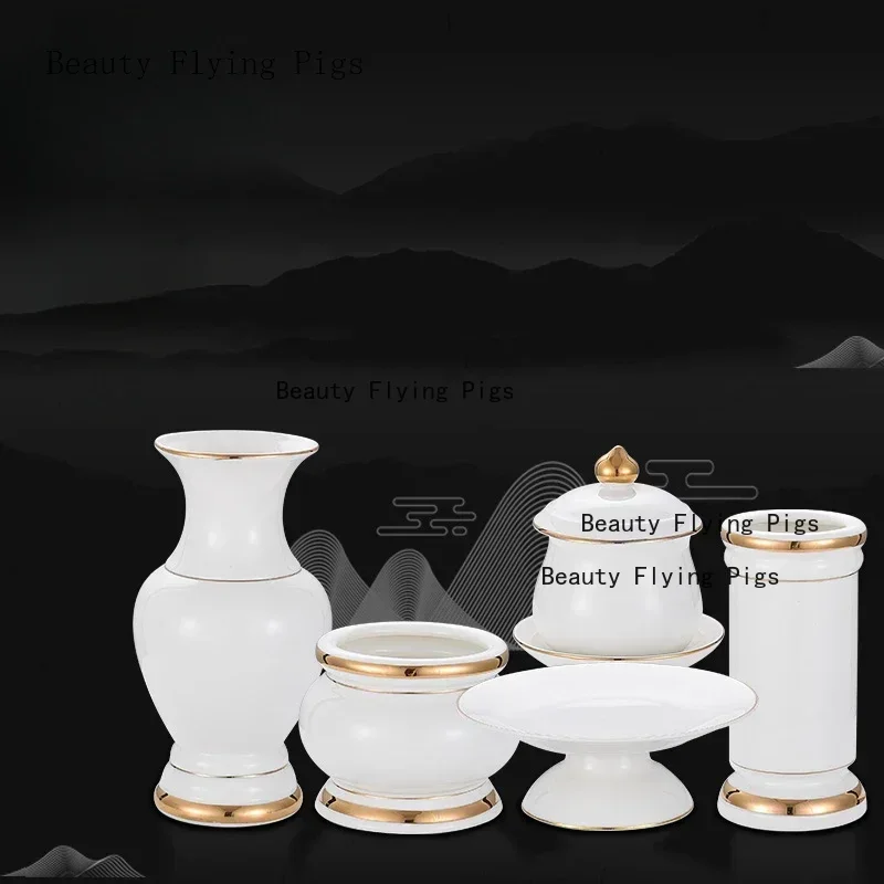 Ceramic golden incense burner, Buddhist temple, holy water cup, fruit plate, vase, offering Buddhist supplies feng shui