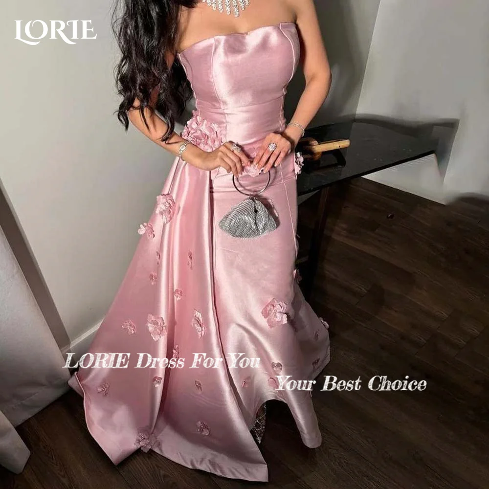 LORIE 3D Flowers Evening Dresses Pink Strapless Prom Dresses Ruched Backless Women Clebrity Party Gown 2024 Club Party Dresses