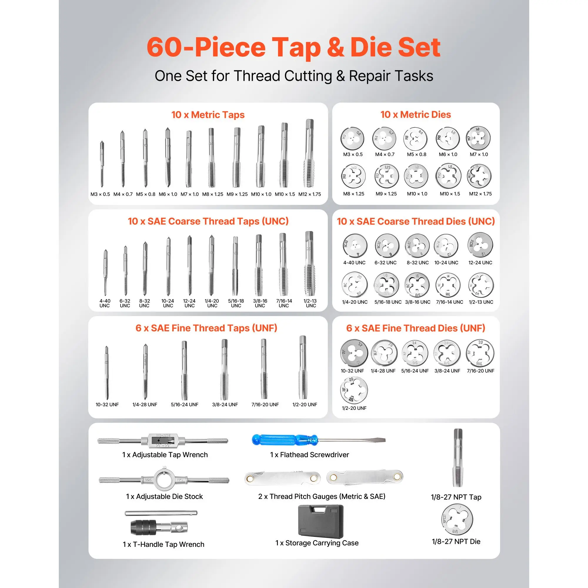 

Tap and Die Set, 60-Piece Metric and SAE Sizes M3 to M12, #4 to 1/2", with Coarse and Fine Thread Taps and Dies, Wrench, Carrying Case and Complete Accessories, for Threading and Rethreading
